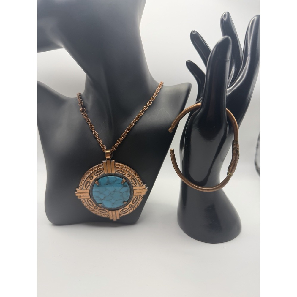 Vintage Bell Trading Post Solid Copper Faux Turquoise Pendant Necklace & Cuff